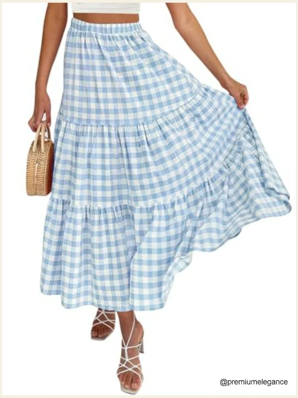 Slim Fit Elastic High Waist Plaid Gingham Tiered Flowy Boho Maxi Skirt with